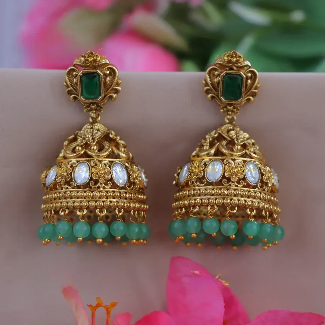 Gold Floral Green Bead Jhumka Earrings
